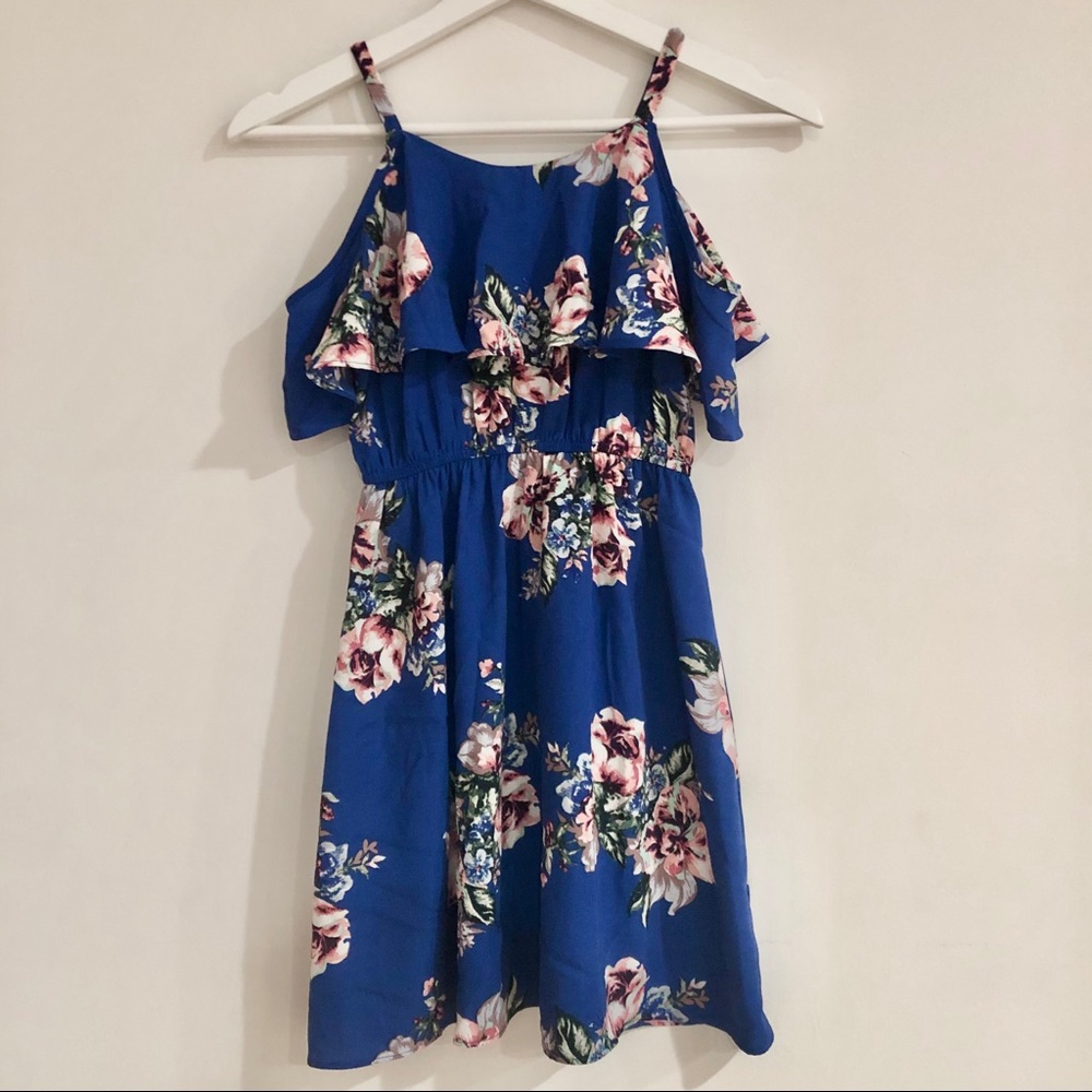 Aqua Blue Floral Off The Shoulder Cinched Dress